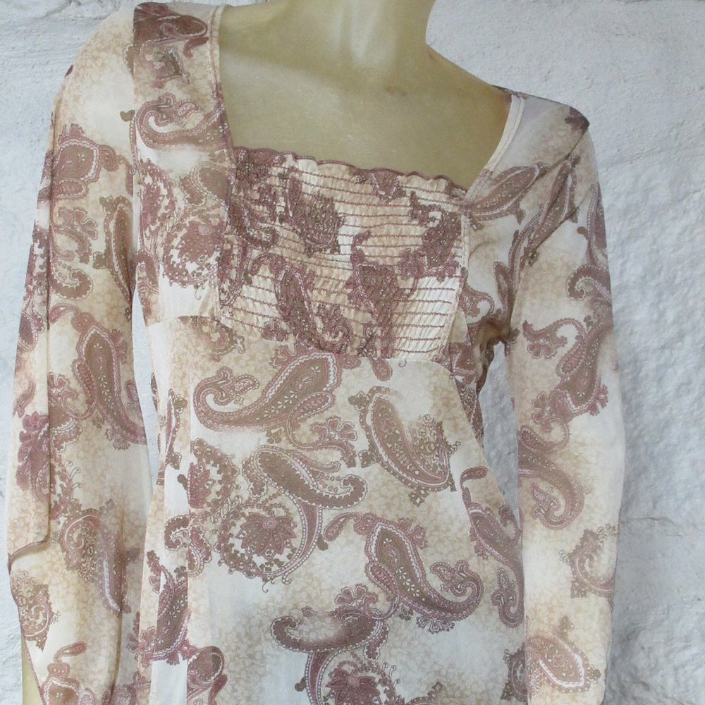 Sheer Brown Paisley Bell Sleeve Shirt Size M